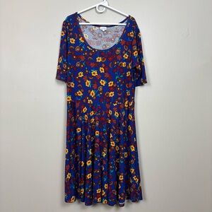 LuLaRoe Dress Womens 3XL Blue Nicole Floral Midi Stretch Casual Comfort